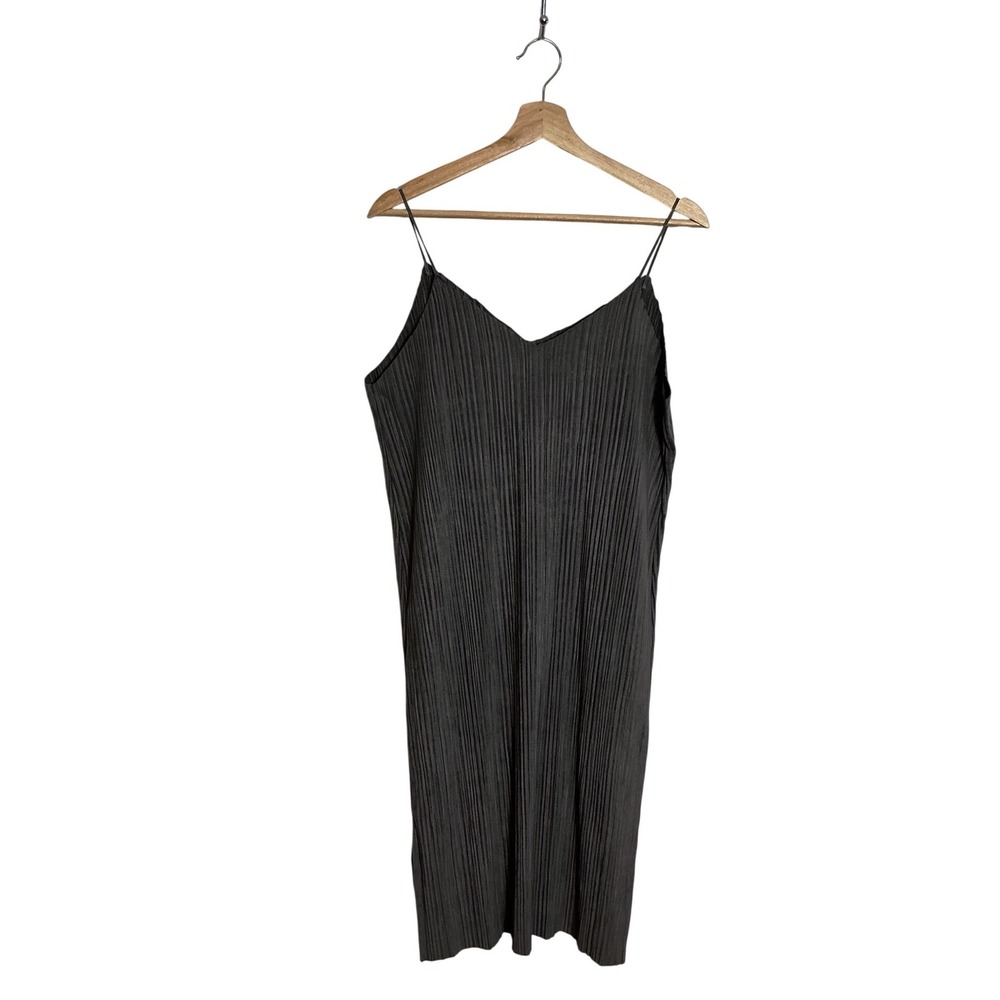 MOD REF Small Gray Micro-Pleated Plisse Midi Slip Dress Minimalist Relaxed